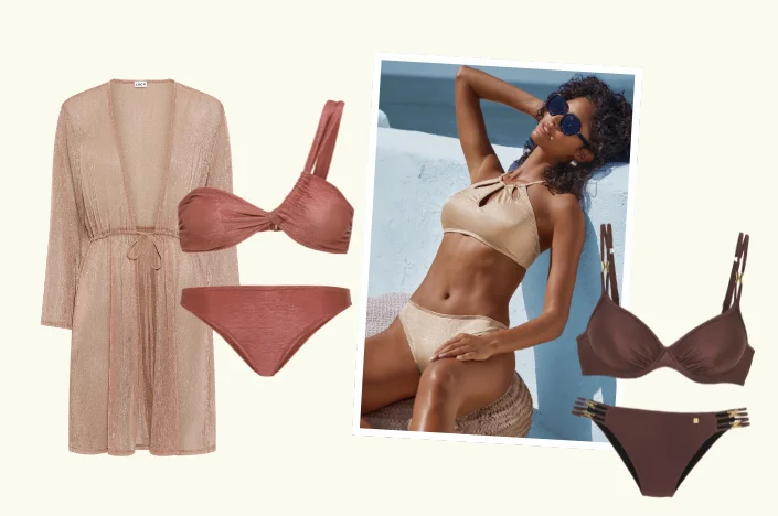 LASCANA Metallic-Bikini in Gold mit Sonnenreflexen am Strand