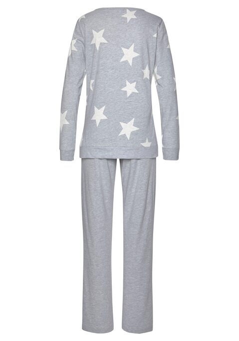 Bild: Pyjama von Arizona: Lust auf was Bequemes? Dann ist der sportlich-lässige Melange-Pyjama im Doppelpack von Arizona genau das Richtige für dich. Der Schlafanzug präsentiert sich mit schönem Design und im komfortablen Materialmix. Das langärmelige Schlafshirt hat einen Rundhalsausschnitt und einfarbige Bündchen an Ärmeln und Saum. Die lange Schlafhose bietet dir dank elastischem Tunnelzugbund einen perfekten Sitz und optimale Bewegungsfreiheit. Seitliche Eingrifftaschen runden den Look der Schlafanzughose perfekt ab, während die weiche Single-Jersey-Qualität mit hohem Baumwollanteil superangenehm auf der Haut liegt und den Wohlfühl-Style vollendet. Ein Basic-Set zum Entspannen – der melierte Pyjama von Arizona!  Aus 60% Baumwolle und 40% Polyester. Grau melange 90% Baumwolle, 10% Polyester
