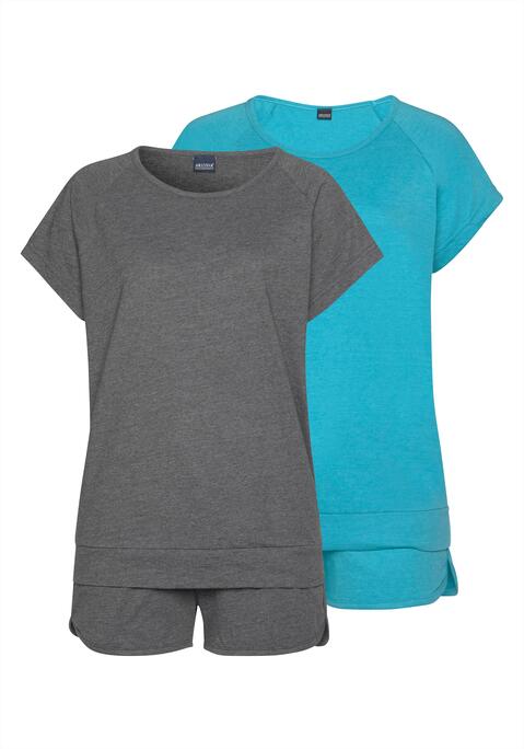 Bild: Shorty von Arizona: Der sportlich melierte Shorty im Doppelpack von Arizona beschert dir süße Träume! Das Schlafshirt hat kurze Raglanärmel, einen femininen Rundhalsausschnitt und elastische Bündchen – die kurze Schlafhose punktet mit elastischem Tunnelzugbund und paspelierten, leicht gerundeten Beinsäumen mit Seitenschlitzen. Der kurze Schlafanzug aus weicher Single-Jersey-Qualität ist mit hohem Baumwollanteil gearbeitet und trägt sich superangenehm auf der Haut. Auch an heißen Tagen der ideale Basic-Pyjama für erholsame Nächte – der melierte Shorty von Arizona!  Aus 60% Baumwolle und 40% Polyester. Grau Melange 90% Baumwolle, 10% Polyester