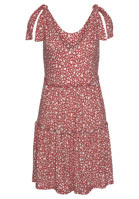 Bild: Druckkleid von Beachtime by Lascana: Minikleid von Beachtime. Mit Alloverprint. Breite Träger mit Schleifendetails. Tiefer V-Ausschnitt. Mit Gummizug in der Taille. Ausgestellter Rockteil im Stufendesign. Weiche Jerseyqualität.