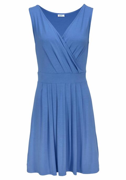 Bild: Jerseykleid von Beachtime by Lascana: Tiefer V-Ausschnitt mit Falten und überlappenden Stoffbahnen für einen trendigen Wickeleffekt. Einsatz unter der Brust. Rockteil in schwingender Weite. Länge ca. 90 cm. Aus 95% Viskose, 5% Elasthan.