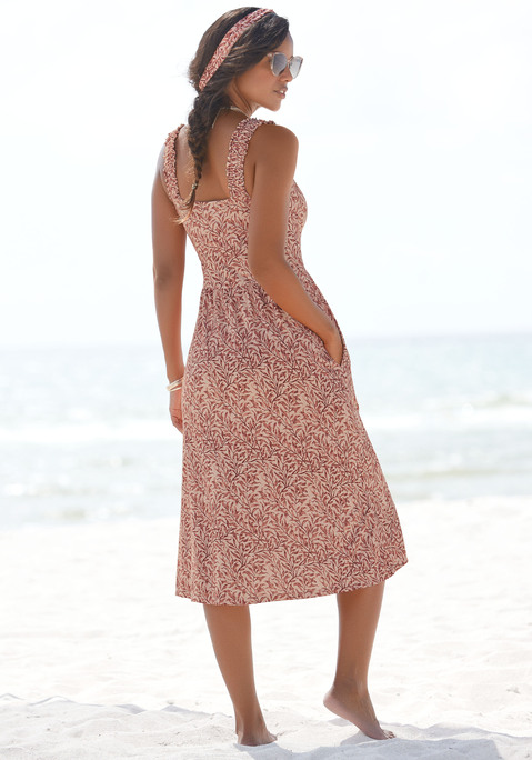 Bild: Jerseykleid von Beachtime by Lascana: Sommerliches Kleid von Beach Time mit Allovermuster. Breite, gesmokte Träger. Dekolleté mit rundem Ausschnitt. Praktisch: eingearbeitete Seitennahttaschen. Knieumspielende Länge. Weich fließender Viskosejersey.