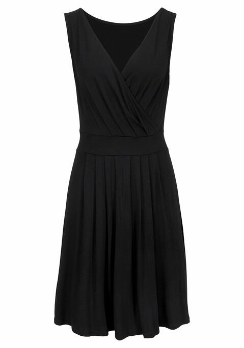 Bild: Jerseykleid von Beachtime by Lascana: Tiefer V-Ausschnitt mit Falten und überlappenden Stoffbahnen für einen trendigen Wickeleffekt. Einsatz unter der Brust. Rockteil in schwingender Weite. Länge ca. 90 cm. Aus 95% Viskose, 5% Elasthan.