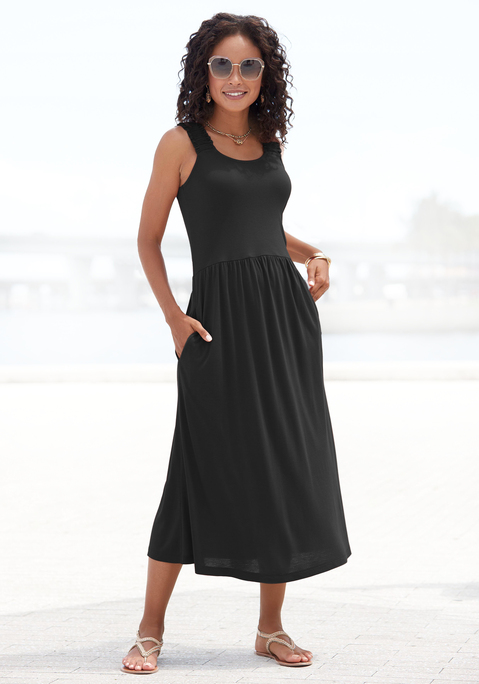 Bild: Jerseykleid von Beachtime by Lascana: Kleid von Beach Time. Breite, gesmokte Träger. Dekolleté mit rundem Ausschnitt. Eingearbeitete Seitennahttaschen. Knieumspielende Länge. Weich fließender Viskosejersey.