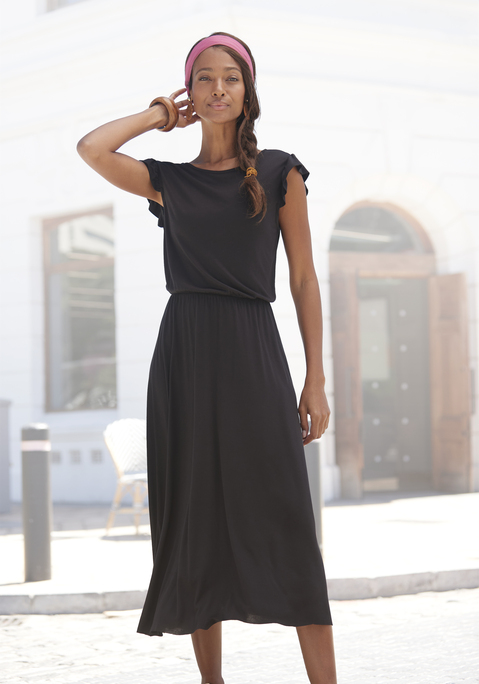 Bild: Jerseykleid von Beachtime by Lascana: Midi-Strandkleid. Mit rundem Ausschnitt sowie Schlitz mit Knopf im Nacken. Kurze Flügelärmelchen und geraffte Taille. Figurumschmeichelnde Schnittführung  mit ausgestelltem Rockteil. Weich fließende Qualität aus 100% Viskose.