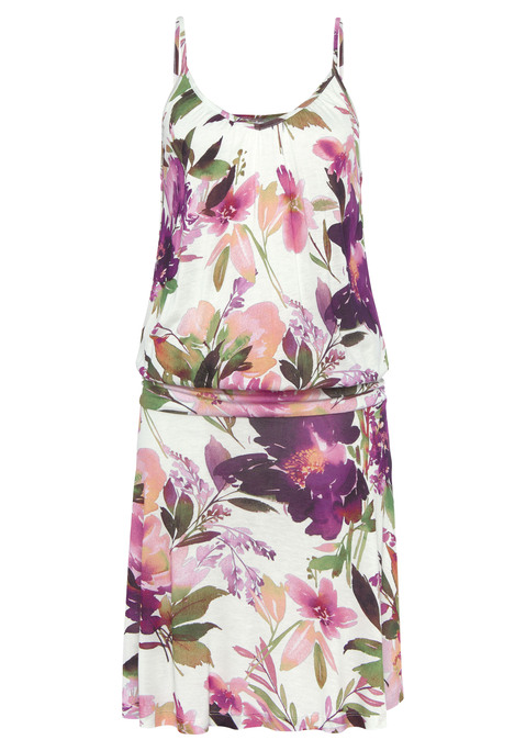 Bild: Jerseykleid von Beachtime by Lascana: Kleid von Beachtime mit Blumendruck. Verstellbare Spaghettiträger. Aufwendige Raffungen in Hüfthöhe. Länge ca. 94 cm. Aus 100% Viskose.