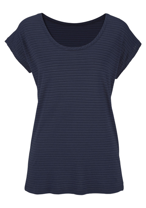 Bild: Kurzarmshirt von Beachtime by Lascana: Modisches Ausbrenner-T-Shirt von Beachtime in gestreifter Optik. Leicht gerundeter Saum hinten, etwas länger geschnitten. Lockere Passform. Vielseitig kombinierbar. Schön weichfließende Baumwoll-Viskose-Qualität.