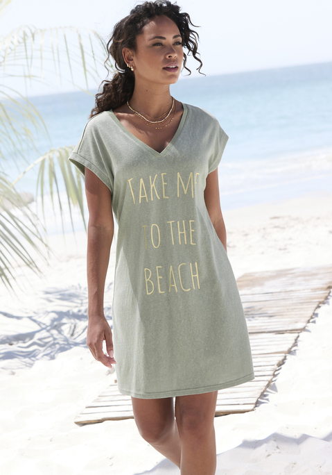 Bild: Longshirt von Beachtime by Lascana: Lässig fallendes Longshirt von Beachtime mit großem Metallic-Print auf der Vorderseite. V-Ausschnitt mit Rippbündchen aus Glanzgarn. Kurze, überschnittene Schultern für einen komfortablen Sitz. Ideal für den Strand. Weicher Jersey.