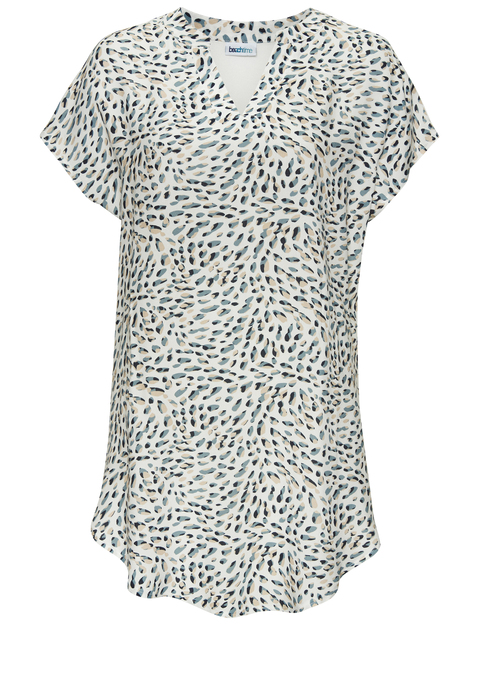 Bild: Longshirt von Beachtime by Lascana: Langes Blusenshirt von Beachtime. Vorderteil aus allover gemusterter Webware, Rückseite aus unifarbenem Jersey. Tunikaausschnitt mit Blende. Kurze, überschnittene Ärmel. Gerundeter Vokuhila-Saum. Weiche, nachhaltige Viskose.