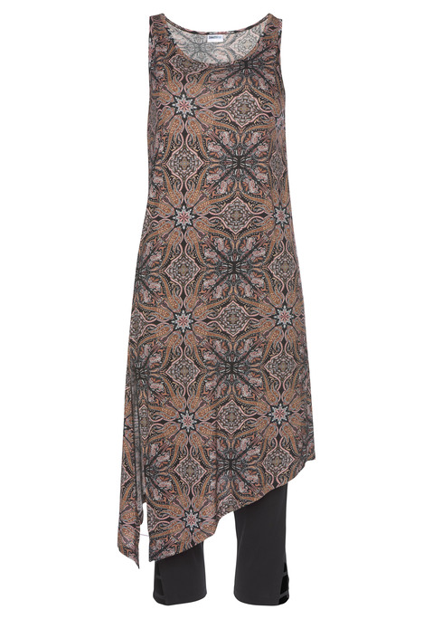 Bild: Longtop von Beachtime by Lascana: Longtop+Leggings im 2-tlg. Set von Beachtime. Top bedruckt, jedes Teil ein Unikat. Asymmetrische Form mit langem Schlitz seitlich. Schräger Saum. Länge ca. 90 cm. Aus 100% Viskose. Leggings in 3/4-Länge. Kleine Schlitze mit Querriegel unten am Saum. Innenbeinlänge ca. 54 cm. Aus 92% Baumwolle (unterstützt Cotton made in Africa), 8% Elasthan.