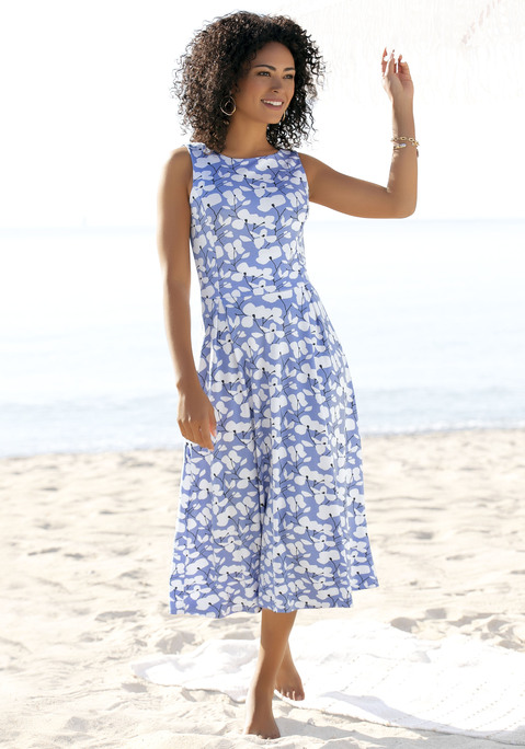 Bild: Midikleid von Beachtime by Lascana: Bezauberndes Midikleid von Beachtime. Mit Allover-Druck. Rundhalsausschnitt. Raffiniert: Rücken mit Nackenschlitz und Knopf. Mit figurschmeichelnden Teilungsnähten. Rockteil ausgestellt. Aus blickdichtem Material.