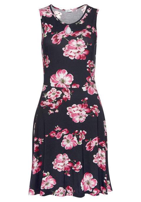 Bild: Sommerkleid von Beachtime by Lascana: Kurzes Sommerkleid mit kleinen Tropfenausschnitt. Breite Träger. Leicht ausgestellter Rock, Allover bedruckt, jedes Teil ein Unikat. Weich fließende Viskosequalität.