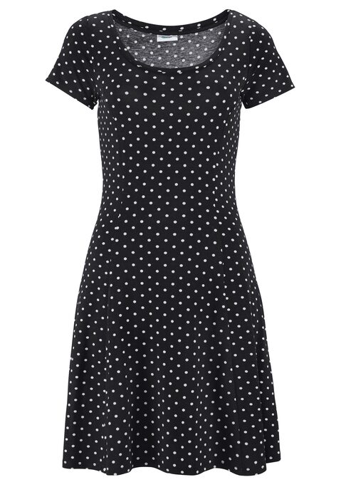 Bild: Sommerkleid von Beachtime by Lascana: Kleid mit weißem Pünktchendruck, jedes Teil ein Unikat. Mit Rundhalsausschnitt, kurzen Ärmeln und einem Rockteil in schwingender Tellerform. Länge ca. 88 cm. Aus 95% Viskose, 5% Elasthan.