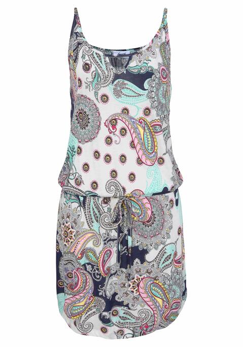 Bild: Strandkleid von Beachtime by Lascana: Mit angesagtem Cutout am Ausschnitt. Verstellbare Spaghettiträger und Gummizug mit Kordel auf der Hüfte. Gerundeter Saum. Bedruckt, jedes Teil ein Unikat. Rocklänge ca. 40 cm.  Weich fließende Qualität aus 100% Viskose.