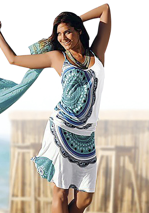 Bild: Strandkleid von Beachtime by Lascana: Mit sommerlichem Print: lässiges Strandkleid von Beach Time mit gerafftem Einsatzdetail an den Hüften und verstellbaren Spaghettiträgern. Individuell anpassbare Träger. Lockere Passform. Ideal für Sommer und Strand. Weicher Viskose-Jersey.