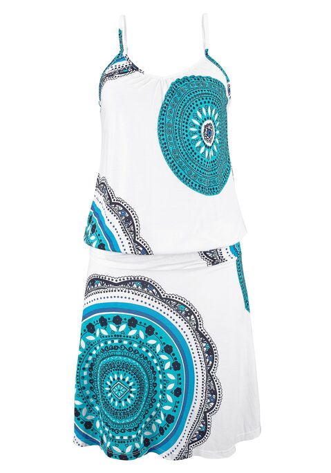 Bild: Strandkleid von Beachtime by Lascana: Mit sommerlichem Print: lässiges Strandkleid von Beach Time mit gerafftem Einsatzdetail an den Hüften und verstellbaren Spaghettiträgern. Individuell anpassbare Träger. Lockere Passform. Ideal für Sommer und Strand. Weicher Viskose-Jersey.