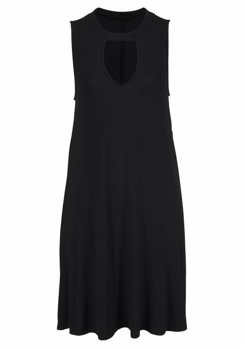 Bild: Strandkleid von Beachtime by Lascana: Strandkleid von BEACHTIME. Modischer Choker-Ausschnitt. Ärmelloses Sommerkleid mit weit ausgestelltem Saum. Mit seitlichen Eingrifftaschen. Länge ca. 86 cm. Elastische Qualität aus 95% Viskose, 5% Elasthan.