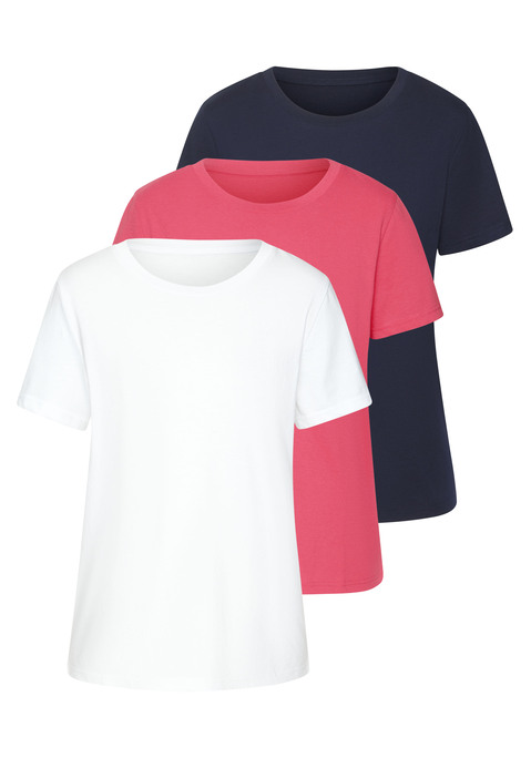 Bild: T-Shirt von Beachtime by Lascana: Schlichtes T-Shirt von Beach Time im 3er-Pack. Unifarben. Rundhalsausschnitt. Seitliche Saumschlitze. Locker fallende Plattform. Hochwertiger Baumwoll-Jersey.