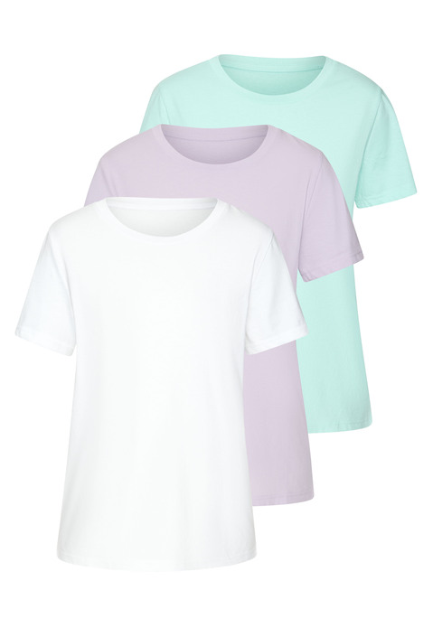 Bild: T-Shirt von Beachtime by Lascana: Schlichtes T-Shirt von Beach Time im 3er-Pack. Unifarben. Rundhalsausschnitt. Seitliche Saumschlitze. Locker fallende Plattform. Hochwertiger Baumwoll-Jersey.