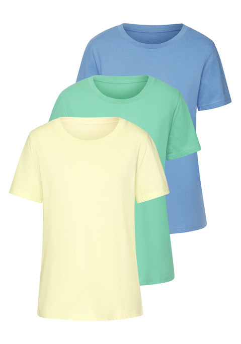 Bild: T-Shirt von Beachtime by Lascana: Schlichtes T-Shirt von Beach Time im 3er-Pack. Unifarben. Rundhalsausschnitt. Seitliche Saumschlitze. Locker fallende Plattform. Hochwertiger Baumwoll-Jersey.