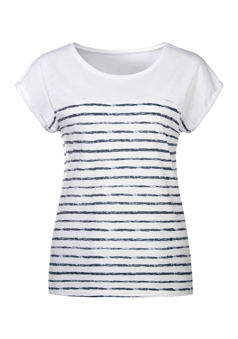 Bild: T-Shirt von Beachtime by Lascana: Tolles, gestreiftes  T-Shirt mit geradem Saum von Beachtime. Angeschnittene Ärmel mit umgeschlagenem Saum. Perfekt kombinierbar mit Denim und Co. Aus weichem, strukturiertem Baumwollmaterial.