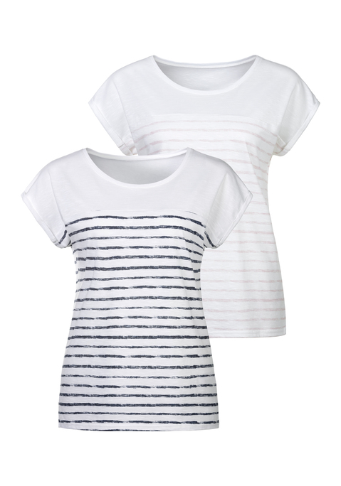 Bild: T-Shirt von Beachtime by Lascana: Schönes T-Shirt mit geradem Saum von Beachtime im 2er-Pack. Angeschnittene Ärmel mit umgeschlagenem Saum. Mit modischem Streifendruck vorn und hinten. Toll kombinierbar mit Jeans und Co. Aus weichem, strukturiertem Baumwollmaterial.
