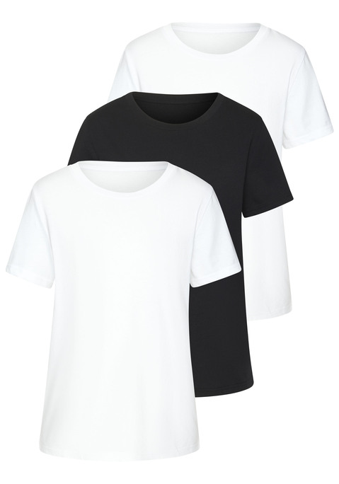 Bild: T-Shirt von Beachtime by Lascana: Schlichtes T-Shirt von Beach Time im 3er-Pack. Unifarben. Rundhalsausschnitt. Seitliche Saumschlitze. Locker fallende Plattform. Hochwertiger Baumwoll-Jersey.