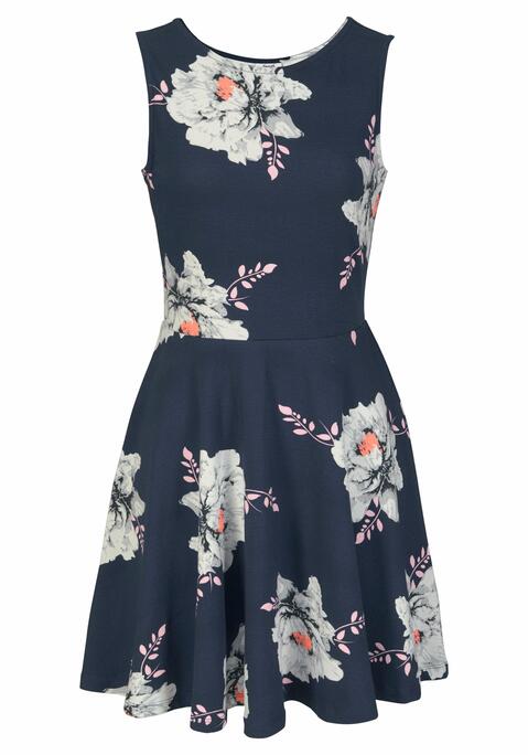 Bild: Jerseykleid von Beachtime: Sommerkleid im floralen Druckdessin. Ärmellose Form mit Rundhalsausschnitt. Ausgestelltes, leicht schwingendes Rockteil. Länge ca. 88 cm. Weiche Qualität aus 95% Baumwolle (unterstützt Cotton made in Africa), 5% Elasthan.