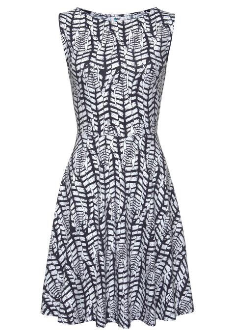 Bild: Jerseykleid von Beachtime: Beachtime Strandkleid mit breiten Tanktopträgern. Schöner Rundhalsausschnitt vorne. Hinten normal geschnitten. Ausgestelltes, leicht schwingendes Rockteil. Allover bedruckt, jedes Teil ein Unikat. Rückenlänge ca. 88 cm. Aus 95% Baumwolle, 5% Elasthan.
