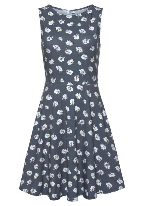 Bild: Jerseykleid von Beachtime: Beachtime Strandkleid mit breiten Tanktopträgern. Schöner Rundhalsausschnitt vorne. Hinten normal geschnitten. Ausgestelltes, leicht schwingendes Rockteil. Allover bedruckt, jedes Teil ein Unikat. Rückenlänge ca. 88 cm. Aus 95% Baumwolle, 5% Elasthan.