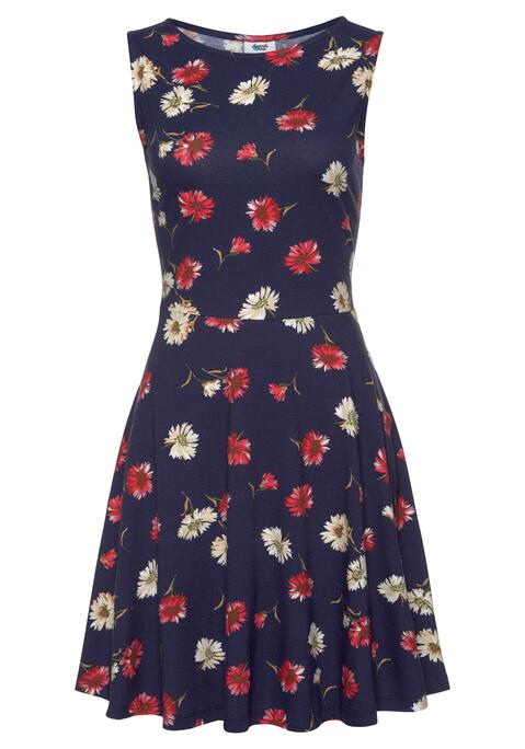Bild: Jerseykleid von Beachtime: Beachtime Strandkleid mit breiten Tanktopträgern. Schöner Rundhalsausschnitt vorne. Hinten normal geschnitten. Ausgestelltes, leicht schwingendes Rockteil. Allover bedruckt, jedes Teil ein Unikat. Rückenlänge ca. 88 cm. Aus 95% Baumwolle, 5% Elasthan.
