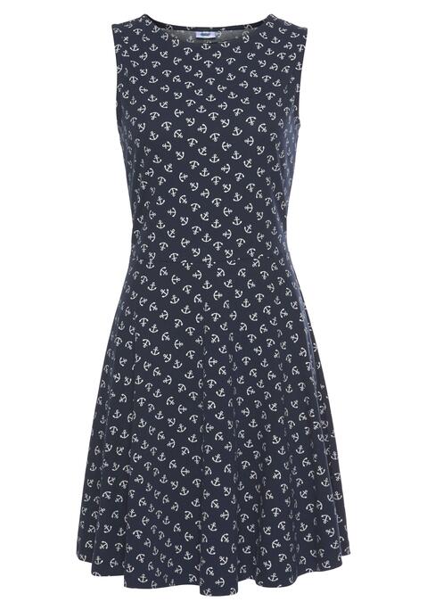 Bild: Jerseykleid von Beachtime: Beachtime Strandkleid mit breiten Tanktopträgern. Schöner Rundhalsausschnitt vorne. Hinten normal geschnitten. Ausgestelltes, leicht schwingendes Rockteil. Allover bedruckt, jedes Teil ein Unikat. Rückenlänge ca. 88 cm. Aus 95% Baumwolle, 5% Elasthan.
