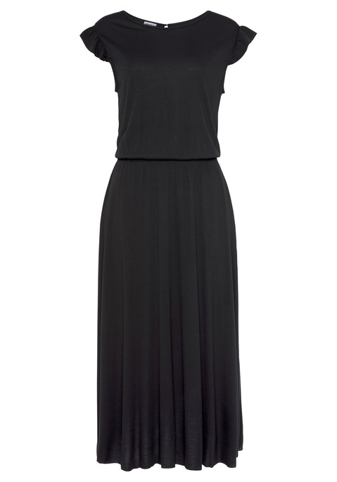 Bild: Jerseykleid von Beachtime: Midi-Strandkleid. Mit rundem Ausschnitt sowie Schlitz mit Knopf im Nacken. Kurze Flügelärmelchen und geraffte Taille. Figurumschmeichelnde Schnittführung  mit ausgestelltem Rockteil. Weich fließende Qualität aus 100% Viskose.