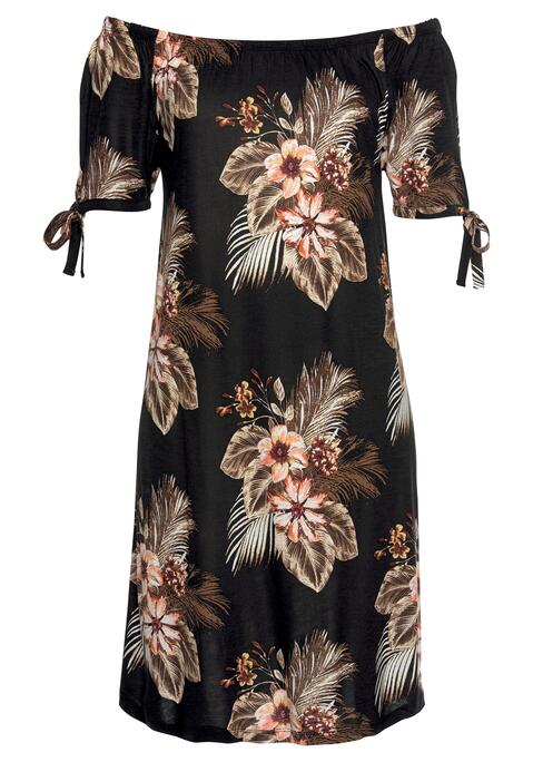 Bild: Jerseykleid von Beachtime: Mit elastischem Carmenausschnitt. An den kurzen Ärmeln mit Bändern zum Knoten. Lässig geschnitten. Jedes Teil ein Unikat! Rückenlänge ca. 78 cm.  Angenehme Qualität aus 100% Viskose.