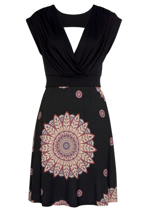 Bild: Jerseykleid von Beachtime: Strandkleid von Beachtime. Unifarbenes Oberteil mit überschnittenen Schultern und tiefem Rückenausschnitt mit Querriegel. Bedruckter Rockteil, jedes Teil ein Unikat. Länge ca. xx cm. Aus 95% Viskose, 5% Elasthan.