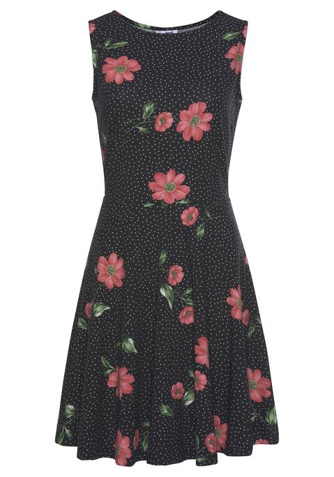 Bild: Jerseykleid von Beachtime: Beachtime Strandkleid mit breiten Tanktopträgern. Schöner Rundhalsausschnitt vorne. Hinten normal geschnitten. Ausgestelltes, leicht schwingendes Rockteil. Allover bedruckt, jedes Teil ein Unikat.  Länge ca. 88 cm. Aus 95% Baumwolle, 5% Elasthan.