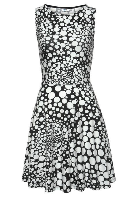 Bild: Jerseykleid von Beachtime: Beachtime Strandkleid mit breiten Tanktopträgern. Schöner Rundhalsausschnitt vorne. Hinten normal geschnitten. Ausgestelltes, leicht schwingendes Rockteil. Allover bedruckt, jedes Teil ein Unikat. Rückenlänge ca. 88 cm. Aus 95% Baumwolle, 5% Elasthan.