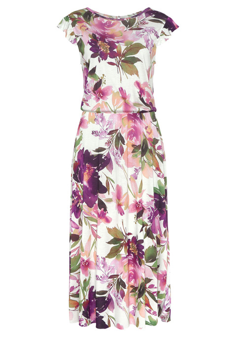 Bild: Jerseykleid von Beachtime: Midi-Strandkleid. Mit rundem Ausschnitt sowie Schlitz mit Knopf im Nacken. Kurze Flügelärmelchen und geraffte Taille. Figurumschmeichelnde Schnittführung  mit ausgestelltem Rockteil. Weich fließende Qualität aus 100% Viskose.
