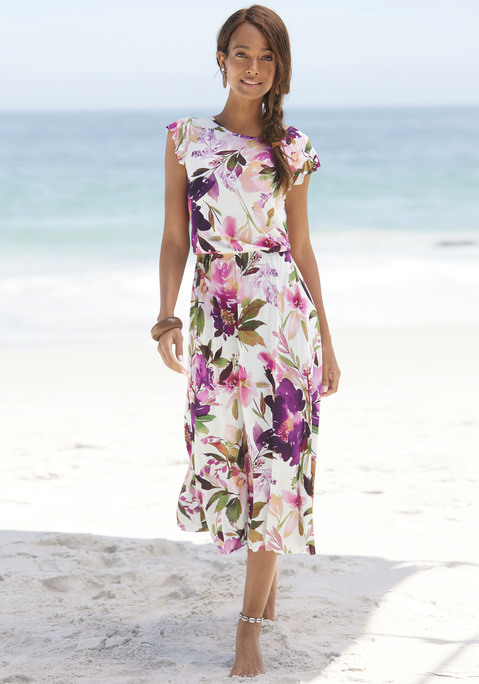 Bild: Jerseykleid von Beachtime: Midi-Strandkleid. Mit rundem Ausschnitt sowie Schlitz mit Knopf im Nacken. Kurze Flügelärmelchen und geraffte Taille. Figurumschmeichelnde Schnittführung  mit ausgestelltem Rockteil. Weich fließende Qualität aus 100% Viskose.