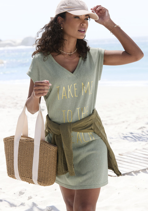 Bild: Longshirt von Beachtime: Lässig fallendes Longshirt von Beachtime mit großem Metallic-Print auf der Vorderseite. V-Ausschnitt mit Rippbündchen aus Glanzgarn. Kurze, überschnittene Schultern für einen komfortablen Sitz. Ideal für den Strand. Weicher Jersey.