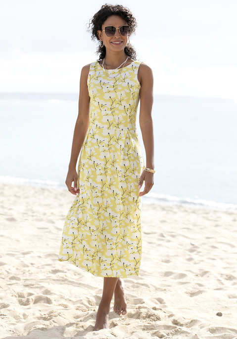 Bild: Midikleid von Beachtime: Bezauberndes Midikleid von Beachtime. Mit Allover-Druck. Rundhalsausschnitt. Raffiniert: Rücken mit Nackenschlitz und Knopf. Mit figurschmeichelnden Teilungsnähten. Rockteil ausgestellt. Aus blickdichtem Material.