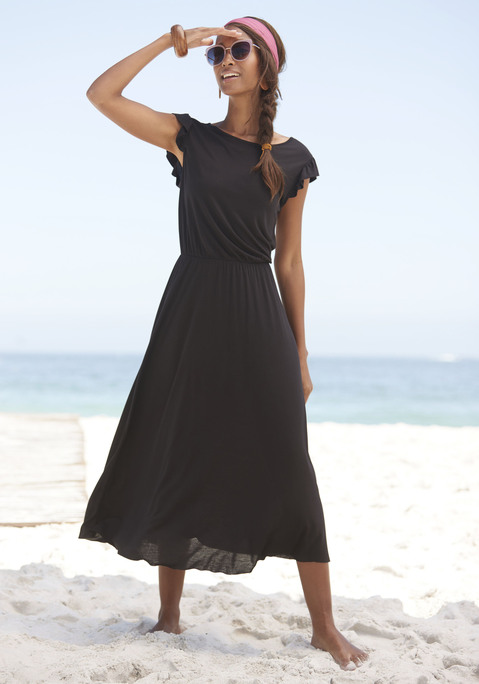 Bild: Midikleid von Beachtime: Midi-Strandkleid. Mit rundem Ausschnitt sowie Schlitz mit Knopf im Nacken. Kurze Flügelärmelchen und geraffte Taille. Figurumschmeichelnde Schnittführung  mit ausgestelltem Rockteil. Weich fließende Qualität aus 100% Viskose.