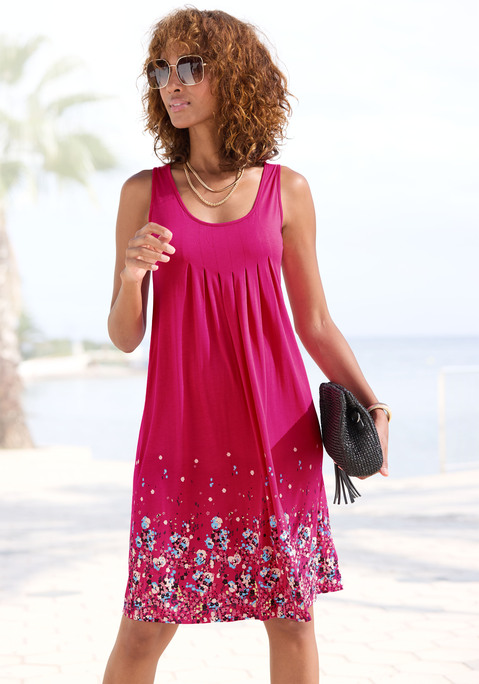 Bild: Strandkleid von Beachtime: Strandkleid in Hängerchenform mit eingelten Falten unterhalb der Brust und rundum bedrucktem Rockteil. Länge ca. 90 cm. Weich fließende Qualität aus 100% Viskose.