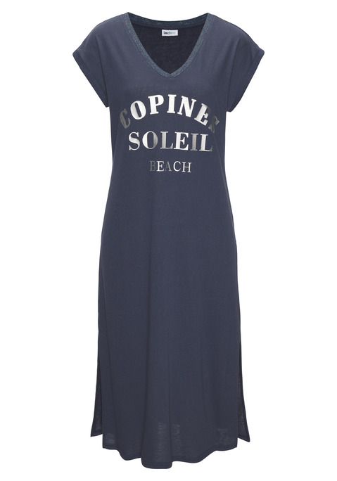 Bild: Strandkleid von Beachtime: Unifarbenes Kleid von Beachtime mit Metallic-Print vorn. Lockere Passform mit kurzen, überschnittenen Schultern. V-Auschnitt mit leicht glänzendem Rippbündchen. Seitenschlitze auf beiden Seiten für mehr Komfort und Luftigkeit. Weicher Jersey.