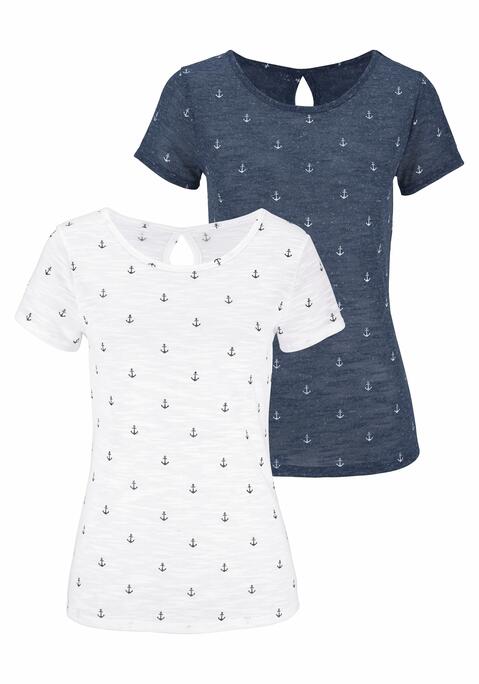 Bild: T-Shirt von Beachtime: Beachtime: T-Shirt im 2er-Pack. Mit hübschem Anker-Alloverdruck und kleinem Cut-Out im Nacken. Weiches Material aus 90% Polyester, 10% Leinen.