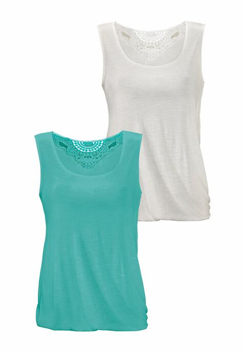 Bild: Trägertop von Beachtime: Modisches Spitzentop im 2er-Pack von Beachtime. Aufwendige Spitze auf der Rückseite als Highlight. Mit Gummizug am Saum für eine lockere Passform. Mit Jeans und anderen schmalen Hosen kombinierbar. Weiche Slub-Qualität aus Viskose.