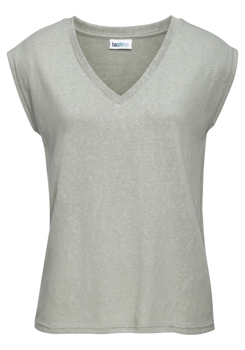 Bild: V-Shirt von Beachtime: Leichtes Sommershirt von Beachtime. Lockere Passform mit kurzen Ärmeln und überschnittenen Schultern. Gerader Saumabschluss. Ideal als Strand- und Casualmode. Leichte Strukturware mit Effektgarn.