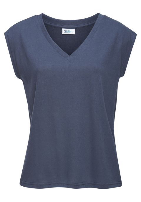 Bild: V-Shirt von Beachtime: Leichtes Sommershirt von Beachtime. Lockere Passform mit kurzen Ärmeln und überschnittenen Schultern. Gerader Saumabschluss. Ideal als Strand- und Casualmode. Leichte Strukturware mit Effektgarn.