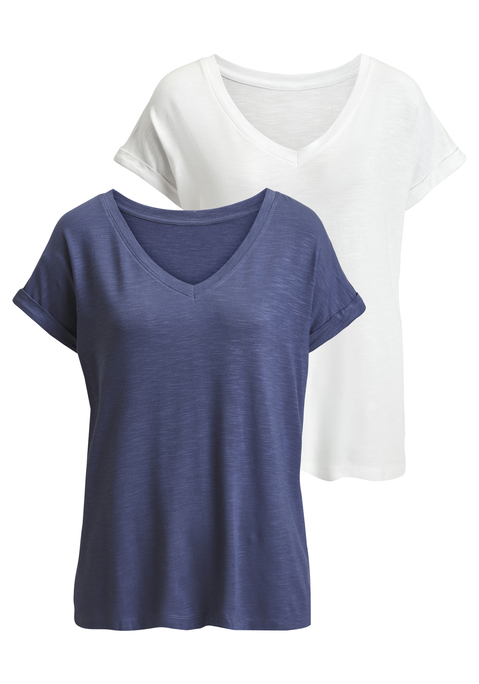 Bild: V-Shirt von Beachtime: Im praktischen 2er-Pack: unifarbenes T-Shirt von Beachtime mit V-Aussschnitt. Legere Passform, die viel Luftigkeit und Tragekomfort garantiert. Kombinierbar zu vielen Styles und gut geeignet für Freizeit, Alltag und Urlaub. Angenehm weiche, anschmiegsame Slub-Qualität aus Viskose.