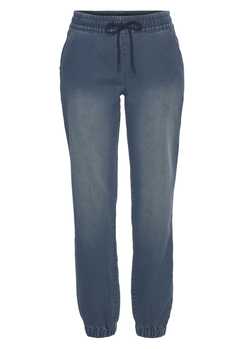 Bild: Jogger Pants von H.I.S: Schlupfhose in Jeansoptik von HIS. Used-Design. Elastischer Tunnelzugbund. Bündchen an den Beinenden. Seitliche Eingrifftaschen, Gesäßtaschen. Für die Freizeit. Trageangenehme Qualität.